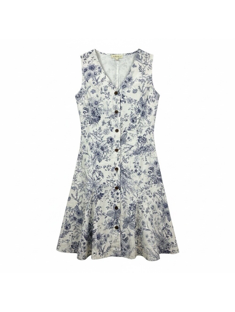 Indigo Rose S NWT Blue Floral Fit Flare V-Neck Sleeveless Linen Blend Dress
